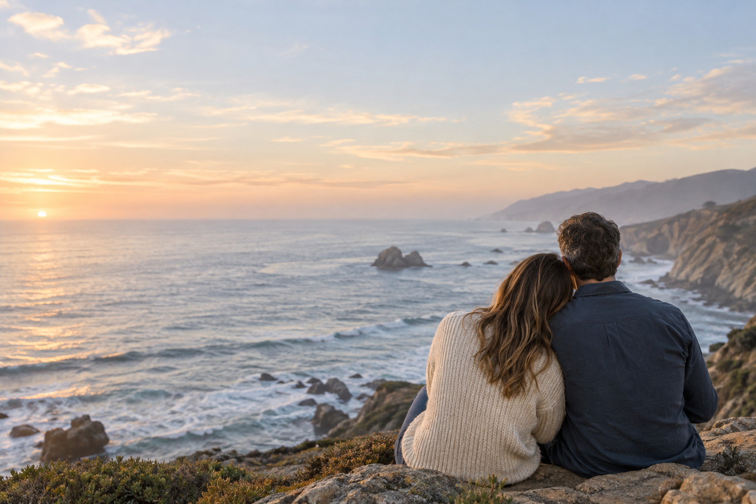 A couple sitting close together, looking out over the coast.