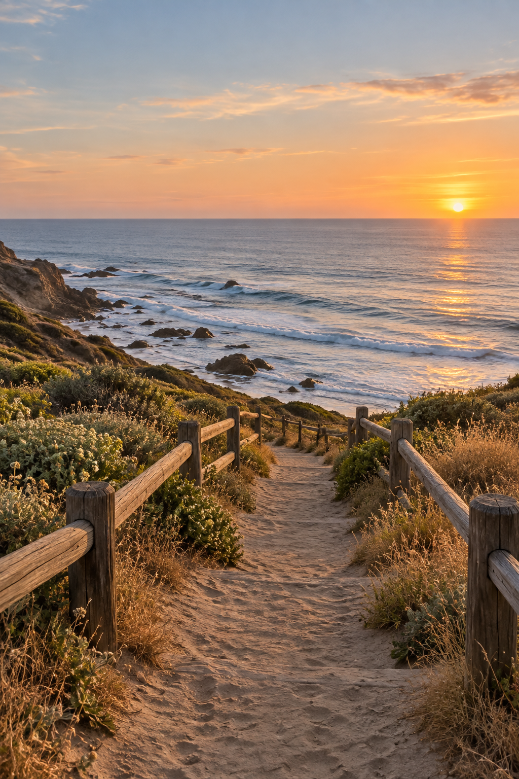 A sandy coastal path framed by wooden fences and shrubs overlooking the ocean.