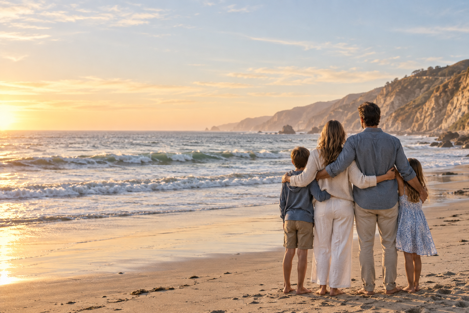 A family standing close together on a beach, looking toward the ocean and coastal cliffs.