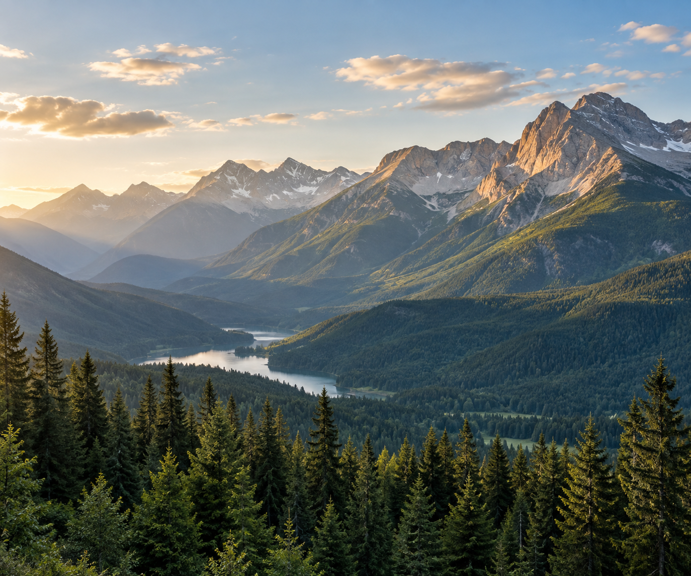 A sunlit mountain valley with evergreen forests.