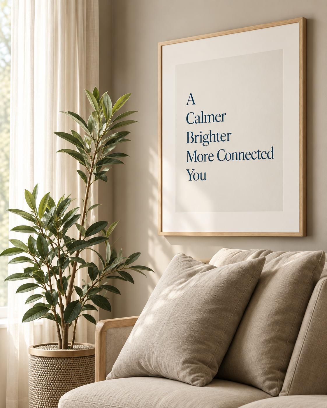A calm room with a sofa, plants, and a framed print reading: A Calmer Brighter More Connected You.